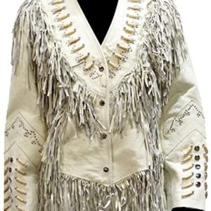 Ladies Off White Western Style Leather Jacket with Beads Bone Fringes