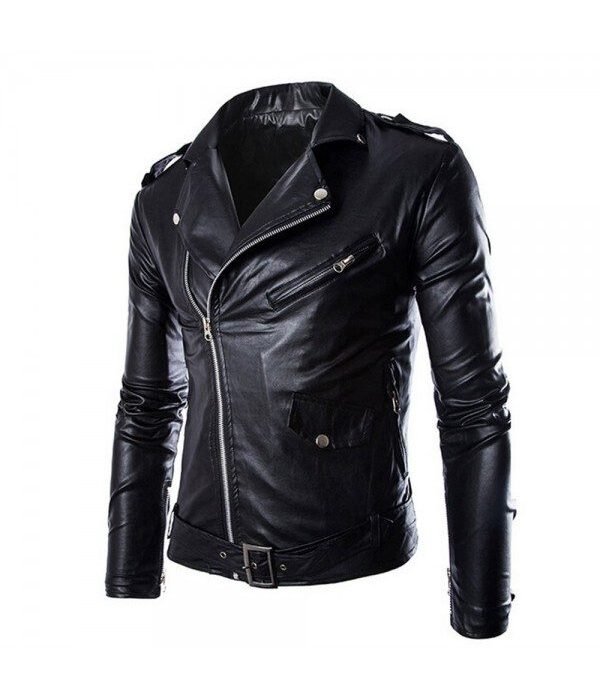 Black Police Style Leather Motorcycle Jacket