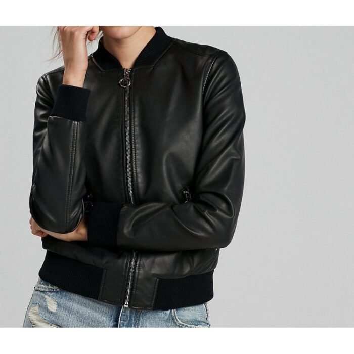 Classic Pure Lambskin Black Leather Bomber Jacket for Women