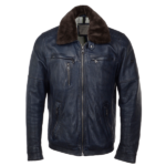 FlexStyle Detachable Collar Bomber Style Leather Jacket