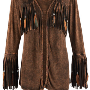 Women's Feather Fringe Shawl Jacket - Brown