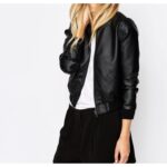 Ladies Black Leather Bomber Jacket