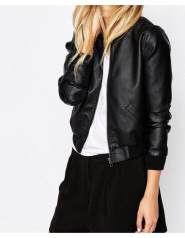 Ladies Black Leather Bomber Jacket