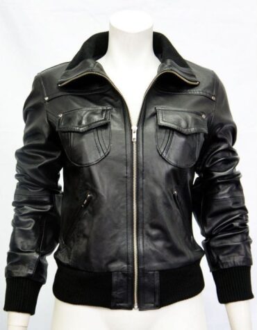 Ladies Premium Nappa Black Leather Bomber Jacket