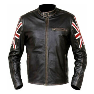 UK Flag Mens Biker Vintage Style Motorcycle Cafe Racer Union Jack Leather Jacket