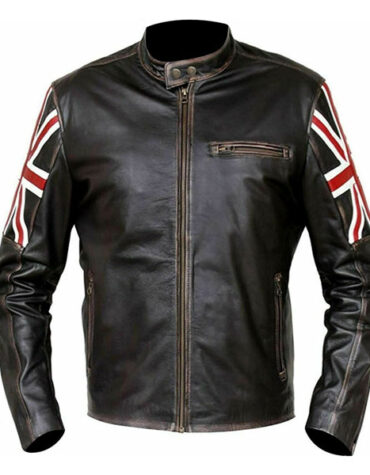UK Flag Mens Biker Vintage Style Motorcycle Cafe Racer Union Jack Leather Jacket