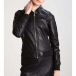 Sleek Women's Slim Fit Stand Collar Black Leather Flight Bomber Jacket