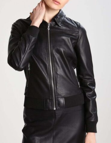 Women Slim Fit Stand Collar Black Leather Flight Bomber Jacket