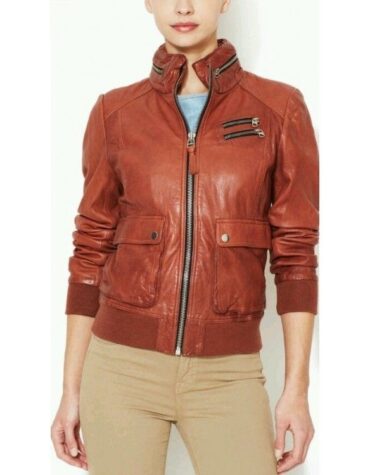 Womens Tan Color Leather Moto Biker Hooded Bomber Jacket