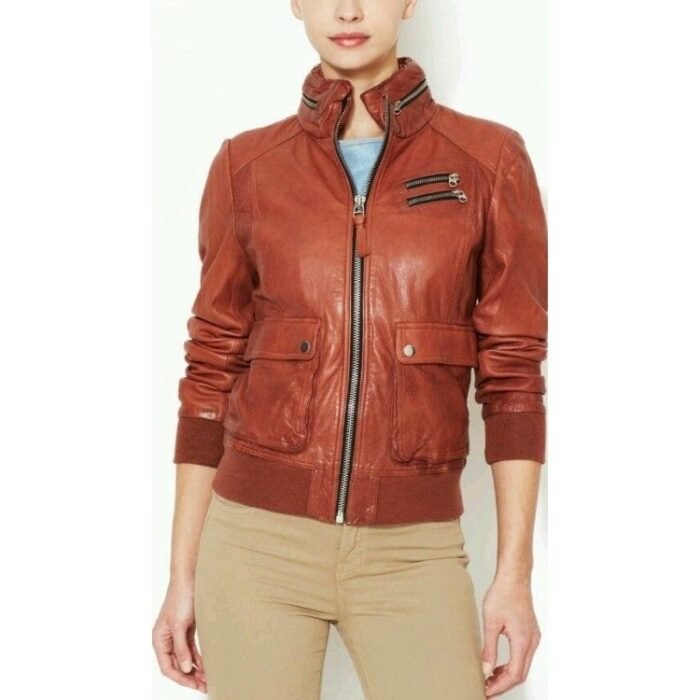 Womens Tan Color Leather Moto Biker Hooded Bomber Jacket