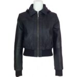 Timeless Women's Classic Hooded Black Leather Bomber Jacket