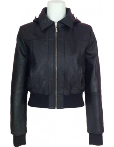 Womens Classic Hooded Black Leather Bomber Jacket