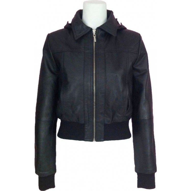 Timeless Women's Classic Hooded Black Leather Bomber Jacket | Free ...