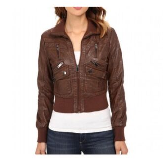 Womens Cropped Brown Leather Bomber Jacket