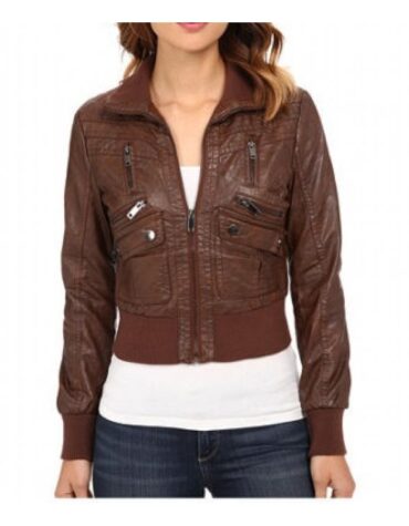 Womens Cropped Brown Leather Bomber Jacket