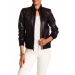 Chic Women's Genuine Lambskin Black Leather Zip Moto Bomber Jacket