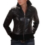 Elegant Women's Pure Genuine Lambskin Black Leather Bomber Jacket