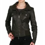 Womens Real Black Leather Bomber Jacket