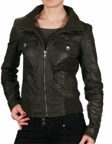 Womens Real Black Leather Bomber Jacket