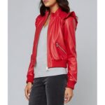 Feminine Fashion Ruffled Red Leather Bomber Jacket for Ladies