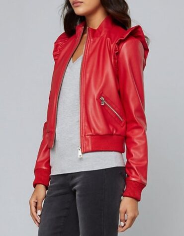 Feminine Fashion Ruffled Red Leather Bomber Jacket for Ladies