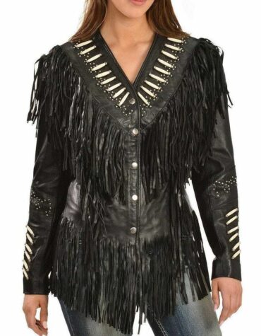 Women Black Western Style Leather Jacket Fringed & Beaded - Real Leather