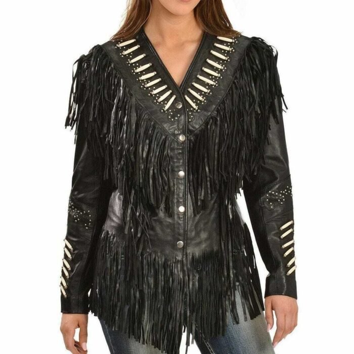 Women Black Western Style Leather Jacket Fringed & Beaded - Real Leather
