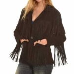 Women Suede Western Style Black Leather Jacket With Fringe