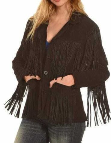 Women Suede Western Style Black Leather Jacket With Fringe