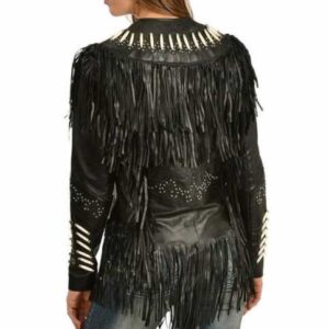 Women Black Western Style Leather Jacket Fringed & Beaded - Real Leather