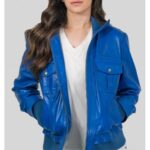 Chic Women's Four Pockets Genuine Blue Leather Bomber Jacket