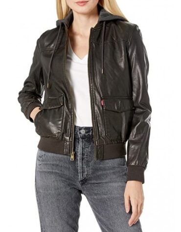 Womens Simple Two Pocket Black Leather Hooded Bomber Jacket
