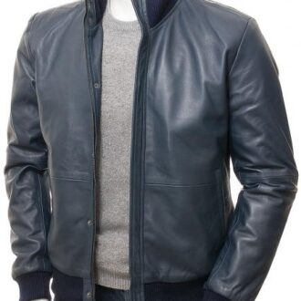 Men’s Blue Leather Bomber Two Pockets Jacket