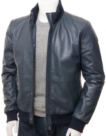 Men’s Blue Leather Bomber Two Pockets Jacket