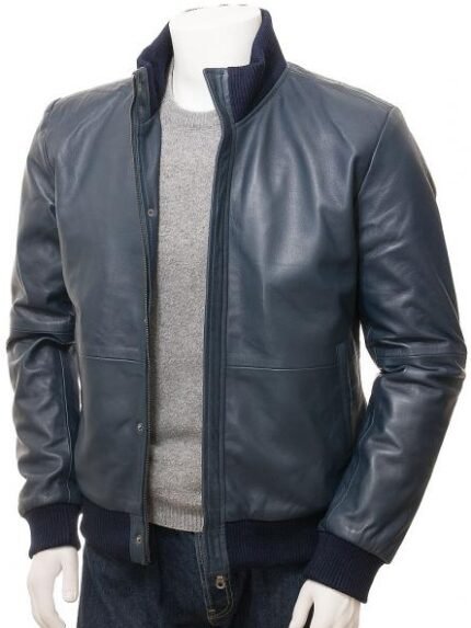 Men’s Blue Leather Bomber Two Pockets Jacket