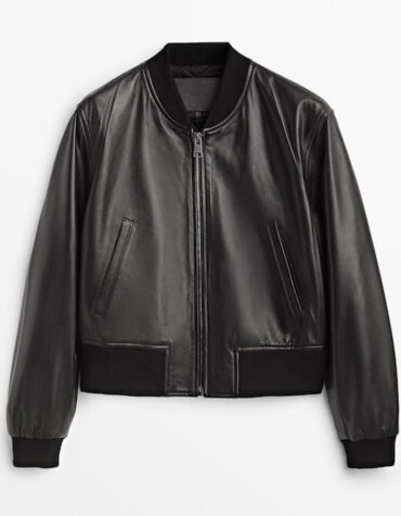 Classic Black Leather Bomber Jacket