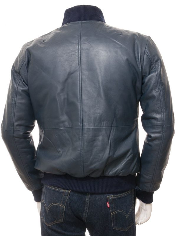 Men’s Blue Leather Bomber Two Pockets Jacket