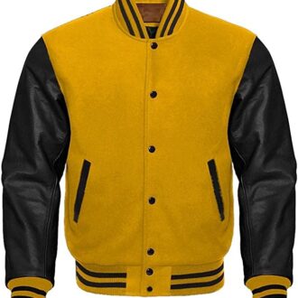 Men's Varsity Jacket Letterman Baseball Bomber Style Yellow Wool & Genuine Sheep Leather Sleeves