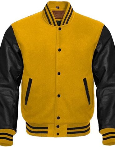Men's Varsity Jacket Letterman Baseball Bomber Style Yellow Wool & Genuine Sheep Leather Sleeves