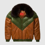 Versatile Brown-Green Two-Tone Leather V-Bomber Jacket