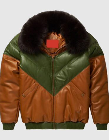 Brown-Green Leather Two Tone V Bomber Leather Jacket