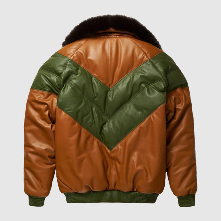 Brown-Green Leather Two Tone V Bomber Leather Jacket