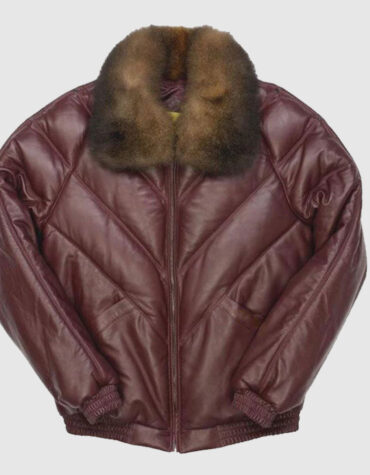 Burgundy Color Real Quality Fur V Bomber Leather Jacket
