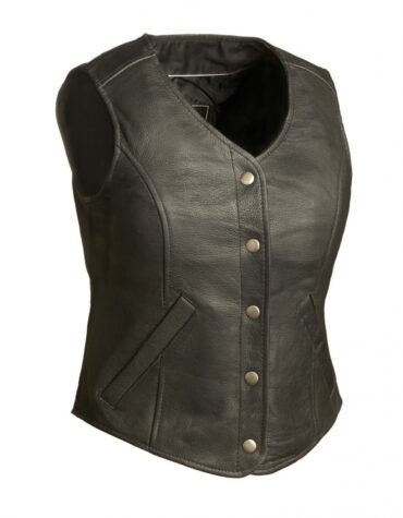 Classic Black Leather Motorcycle Biker Vest for Women