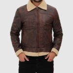 Foligno Brown Distressed Shearling Bomber Leather Jacket for Men