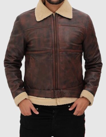 Foligno Brown Distressed Shearling Bomber Leather Jacket