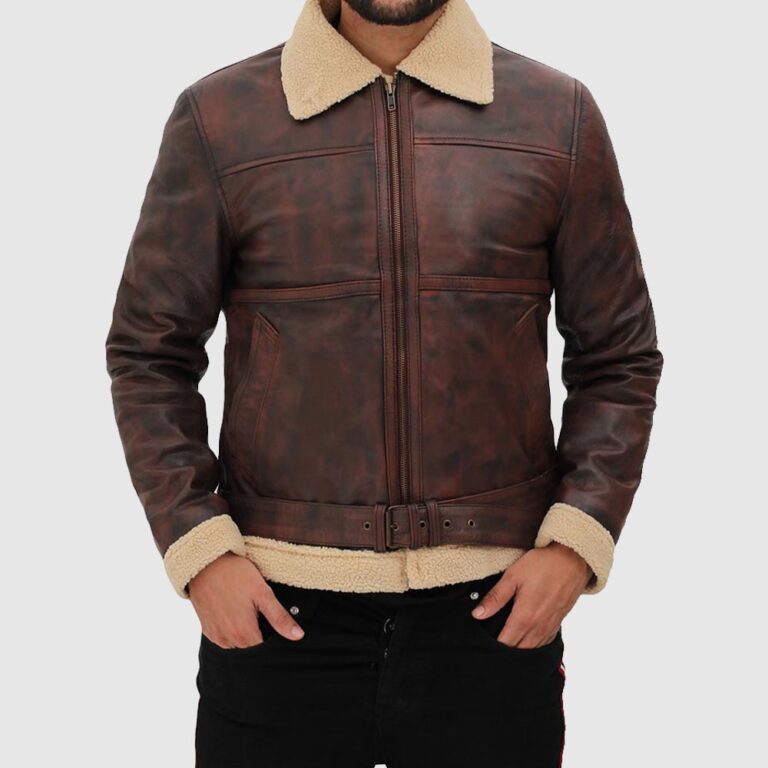 Foligno Brown Distressed Shearling Bomber Leather Jacket