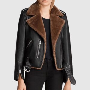 Handmade Women Shearling Fur Aviator Jacket Slim Fit Genuine Leather