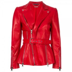 Red Zipped Biker Style Women Leather Jacket