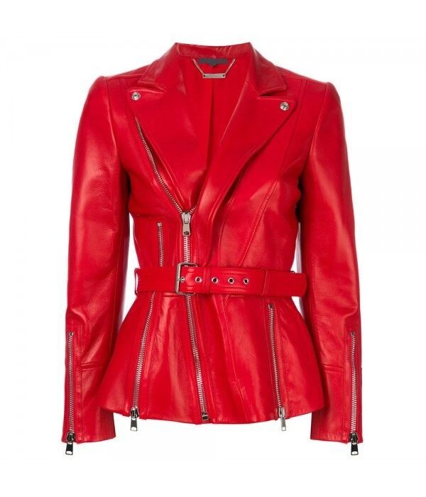 Red Zipped Biker Style Women Leather Jacket